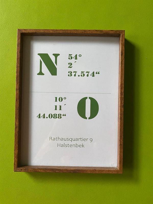 Gerahmtes Bild mit den Koordinaten der Praxis und der Adresse Rathausquartier 9, Halstenbek